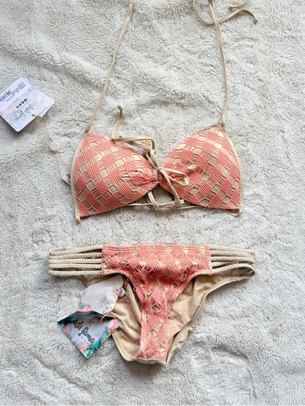 Luli Fama Crochet Bikini Set – Size XS | Gold & Coral Luxe Resort Swim Festival